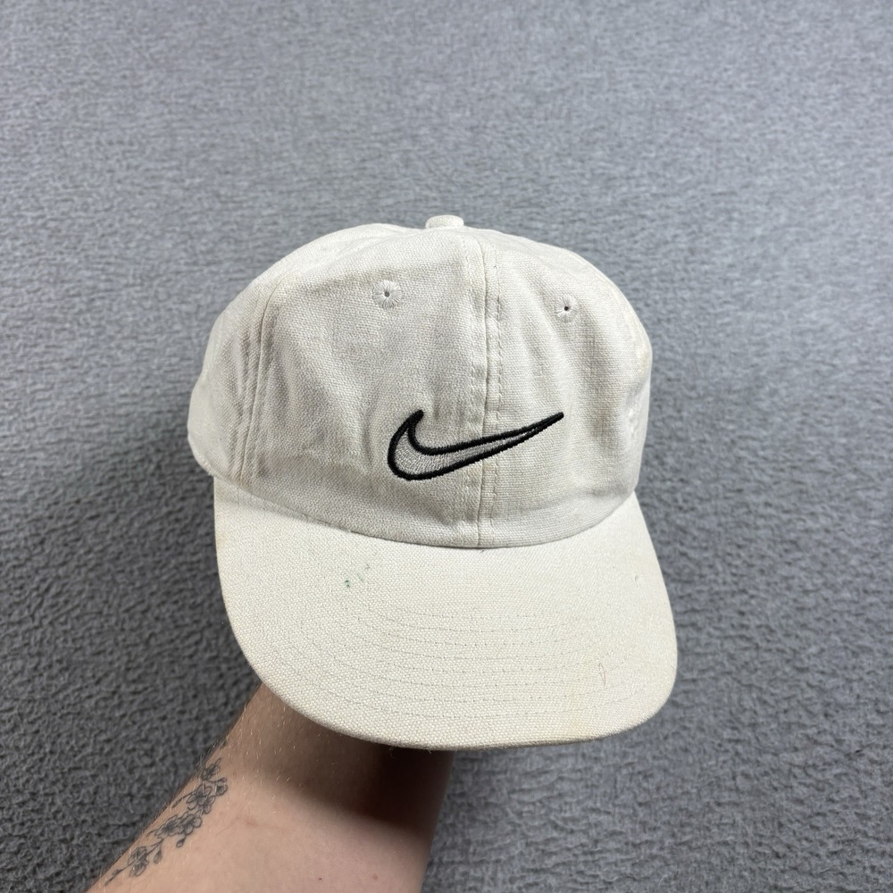Vintage 90s Nike Swoosh Hat Cream Canvas Strapback Cap Made In Taiwan Y2K